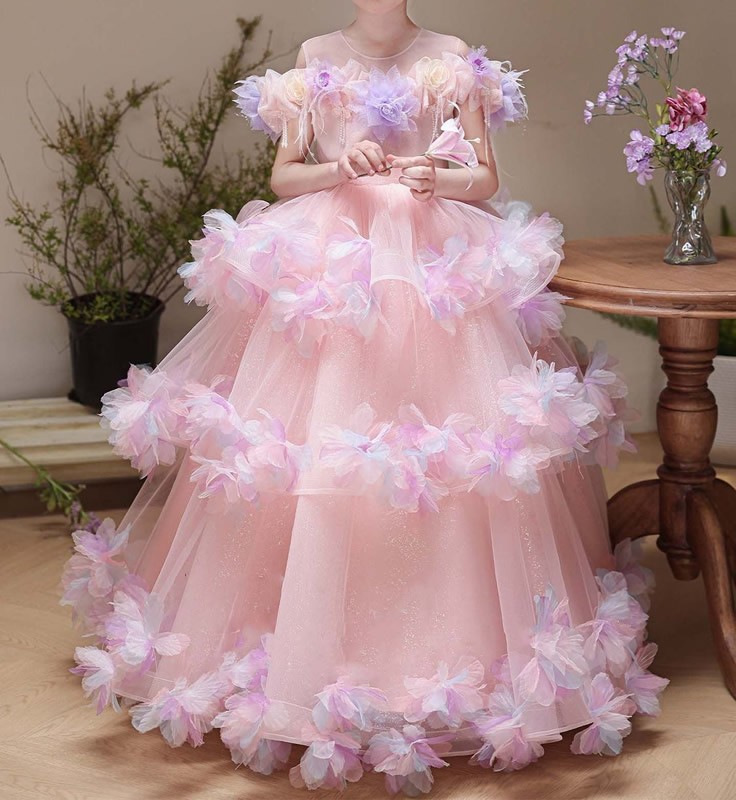 儿童长款花朵纱裙连身裙礼服蓬蓬裙