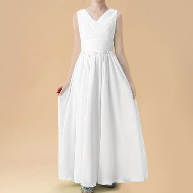 女童无袖V领长款雪纺连身裙演出服