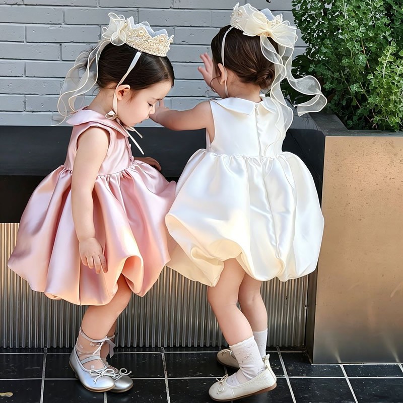 婴幼儿纯色娃娃领无袖花苞连身裙生日礼服